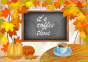 Banner autumn leaves with pumpkin. Coffee on the table  - vector image
