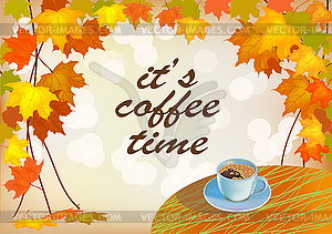 Banner autumn leaves with pumpkin. Coffee on the table  - vector clipart