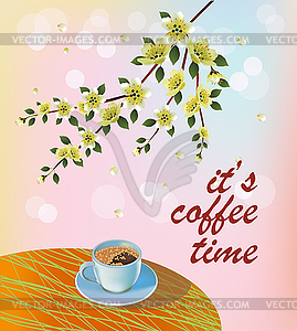 Banner spring leaves blooming cherry blossom. Coffee on - vector clip art