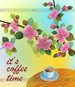 Banner spring leaves blooming cherry blossom. Coffee on - vector clipart