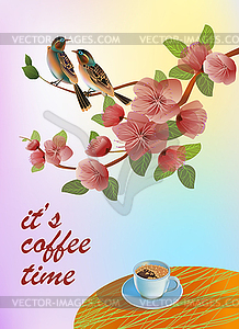Banner spring leaves blooming cherry blossom. Coffee on - color vector clipart
