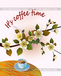 Banner spring leaves blooming cherry blossom. Coffee on - vector clip art