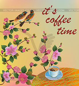 Banner spring leaves blooming cherry blossom. Coffee on - color vector clipart