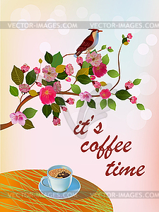 Banner spring leaves blooming cherry blossom. Coffee on - vector clip art