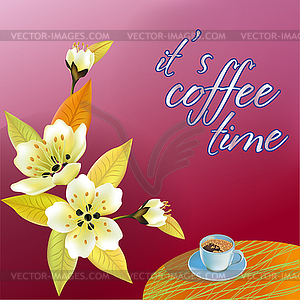 Banner spring leaves blooming cherry blossom. Coffee on - color vector clipart