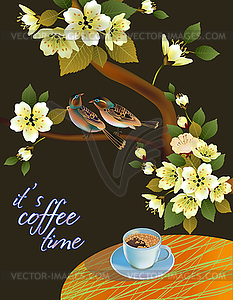 Banner spring leaves blooming cherry blossom. Coffee on - vector image