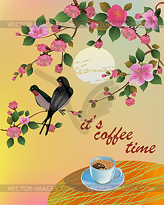 Banner spring leaves blooming cherry blossom. Coffee on - vector image