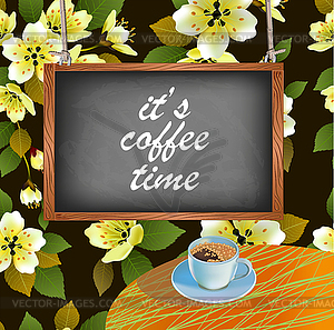 Banner spring leaves blooming cherry blossom. Coffee on - vector clipart