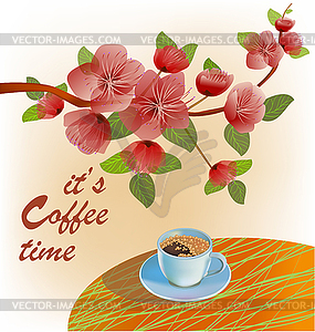 Banner spring leaves blooming cherry blossom. Coffee o - vector clipart