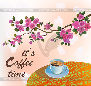 Banner spring leaves blooming cherry blossom. Coffee on - vector image