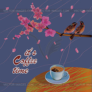 Banner spring leaves blooming cherry blossom. Coffee on - vector EPS clipart