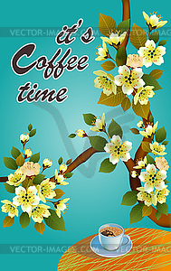 Banner spring leaves blooming cherry blossom. Coffee o - vector image