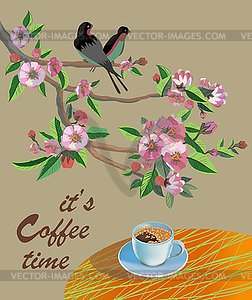 Banner spring leaves blooming cherry blossom. Coffee o - vector clip art