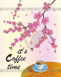 Banner spring leaves blooming cherry blossom. Coffee o - vector image