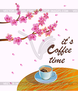 Banner spring leaves blooming cherry blossom. Coffee o - vector image