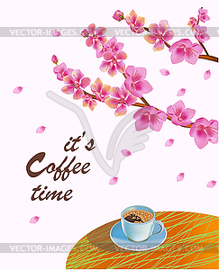 Banner spring leaves blooming cherry blossom. Coffee o - royalty-free vector image