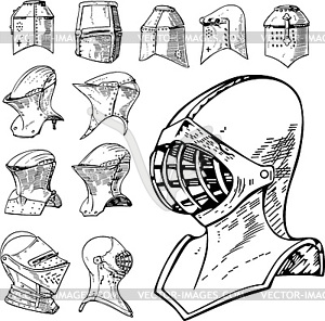 Set of Heraldic and Knight Helmets - vector clipart