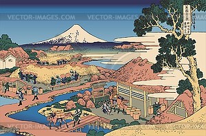 Hokusai. The Tea plantation of Katakura in the Suruga - vector clipart