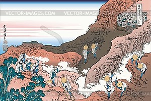 Hokusai. Climbing on Mountain Fuji - vector clip art