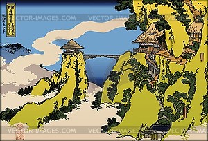 Hokusai. Small houses on mountains - vector clip art