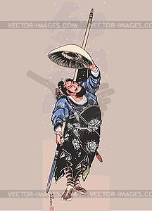 Hokusai manga. Samuray under a hat - vector image