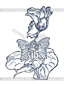 Крылатая фея сидит в цветке LEA - рисунок в векторе