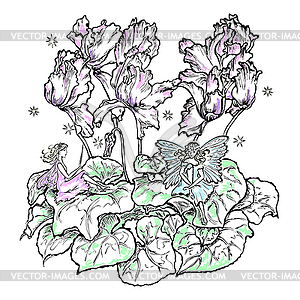 Fairies sitting flower cyclamen color - vector clipart