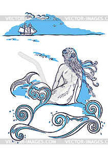 Mermaid sitting on rock, watching ship - vector clipart