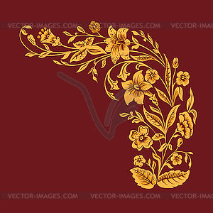 Floral pattern gold painting flowers on burgundy - vector image