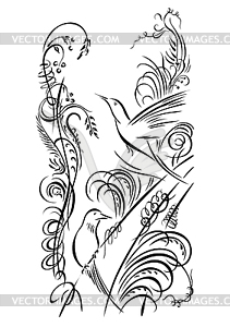 Two birds. Calligraphy swirling grass, flowers, - vector clipart