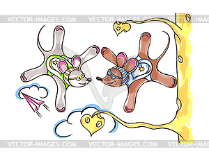 Two skydiver jump. Mice parachutist - vector clip art