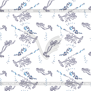 Seamless pattern. Mermaids swim between fishs - vector image