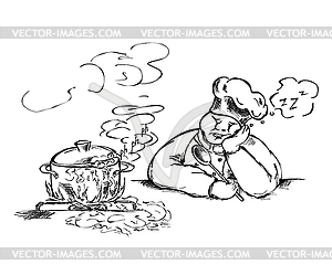 Chef cook fell asleep. Pot in which food is - vector image