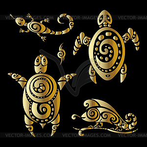 Turtle und Eidechsen. Polynesischen Tattoo-Stil - farbige Vektorgrafik