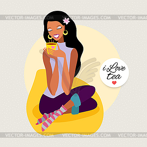 Beautiful young woman with cup of tea - vector clipart