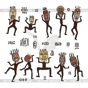 Dancing figures in African masks - vector image