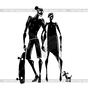 Skateboard. Silhouettes of woman and man - vector clipart