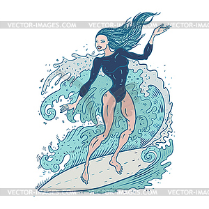 Beautiful woman on surf board - vector image