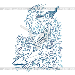 Beautiful woman on surf board - vector clipart