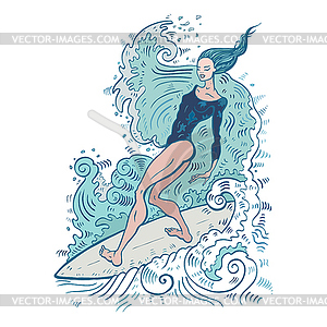 Красивая женщина на доске для серфинга - клипарт в векторном формате