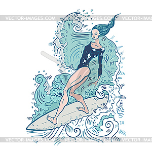 Beautiful woman on surf board - vector clipart