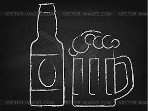 Beer mug and bottle on chalkboard - vector clipart