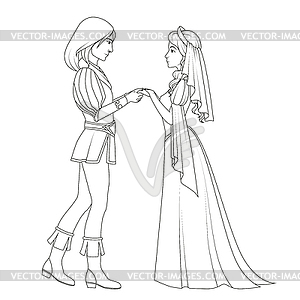 Coloring book: medieval couple holding hands - vector image