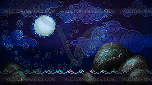 Мультяшный стиль ночь морской пейзаж с полной луной и - стоковый векторный клипарт