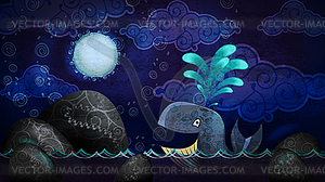 Cartoon style whale in night - vector clip art