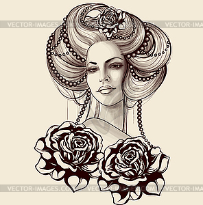 Vinage young woman portrait with pearls and roses - vector clip art