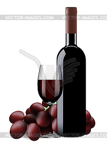 Bottle, glass of wine and grapes - vector image