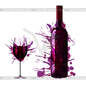 Bottle and glass of wine made of colorful splashes - vector image