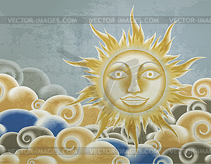 Retro style sun and clouds - vector clipart