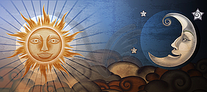 Grunge sun and moon in front of clouds. Fresco - vector image